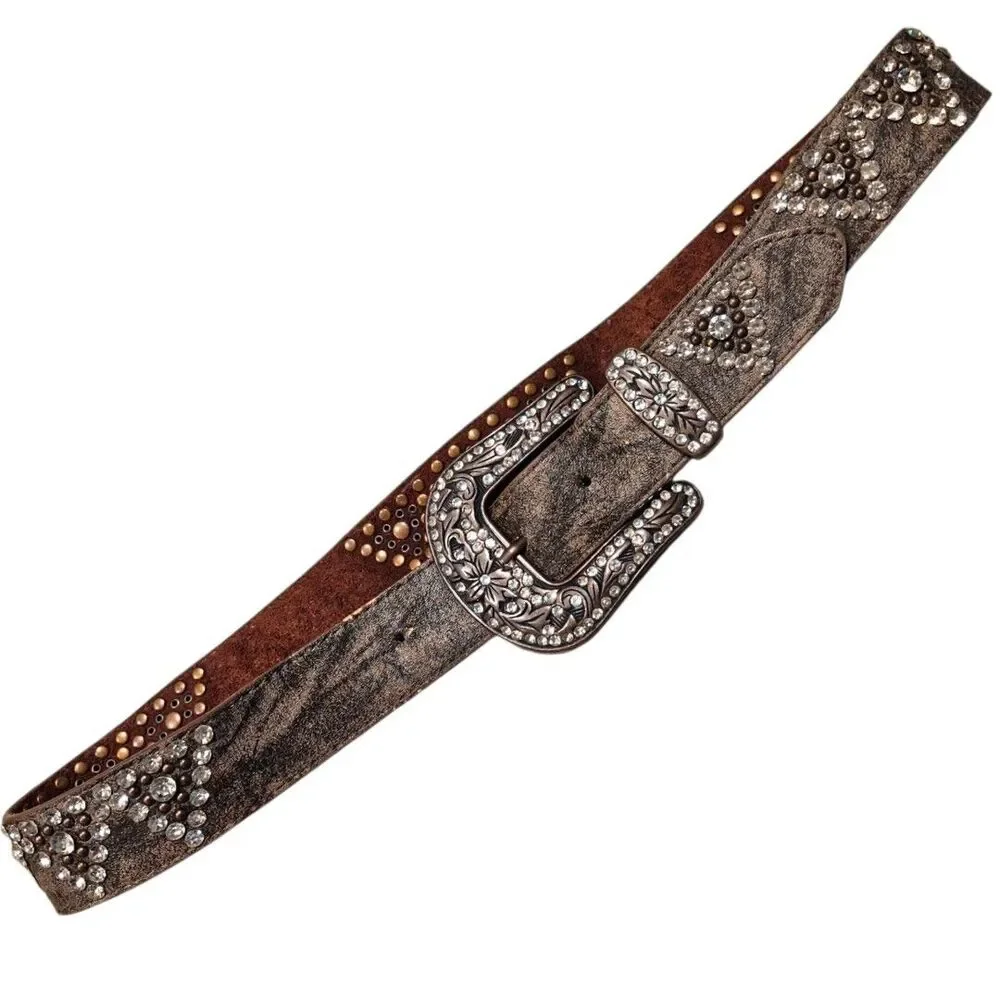 Western Bling Leather Belt Womens S/M Brown Rhinestone Cowgirl Rodeo Festival